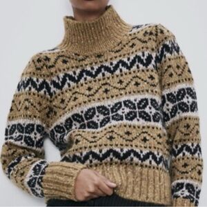 Zara Tan and Black Patterned Turtleneck Sweater